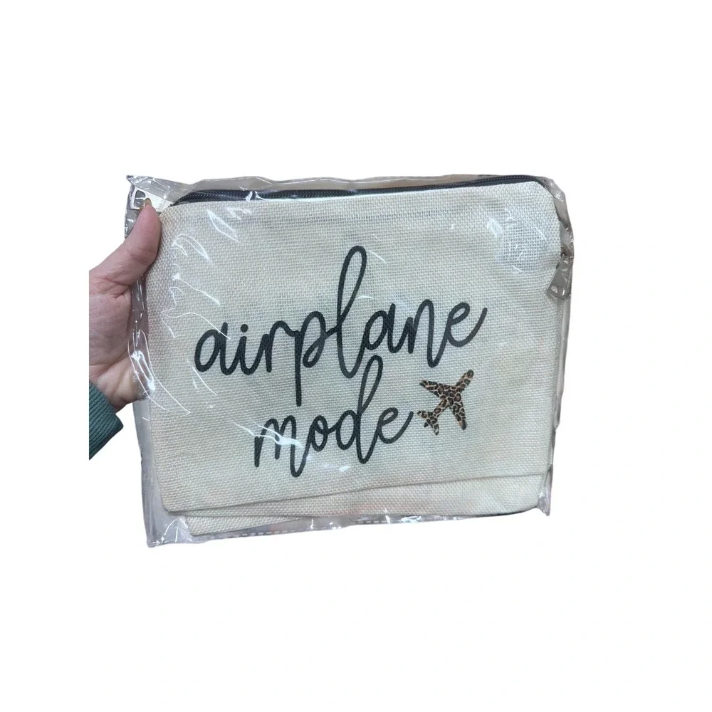 Airplane Mode Canvas Makeup Bag Travel Pouch Leopard Print Plane Cream Zipper